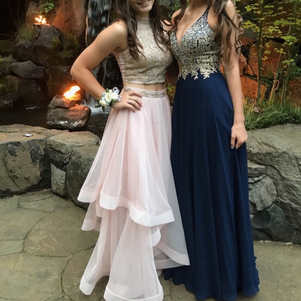 navy blue/silver and gold jewels prom dress